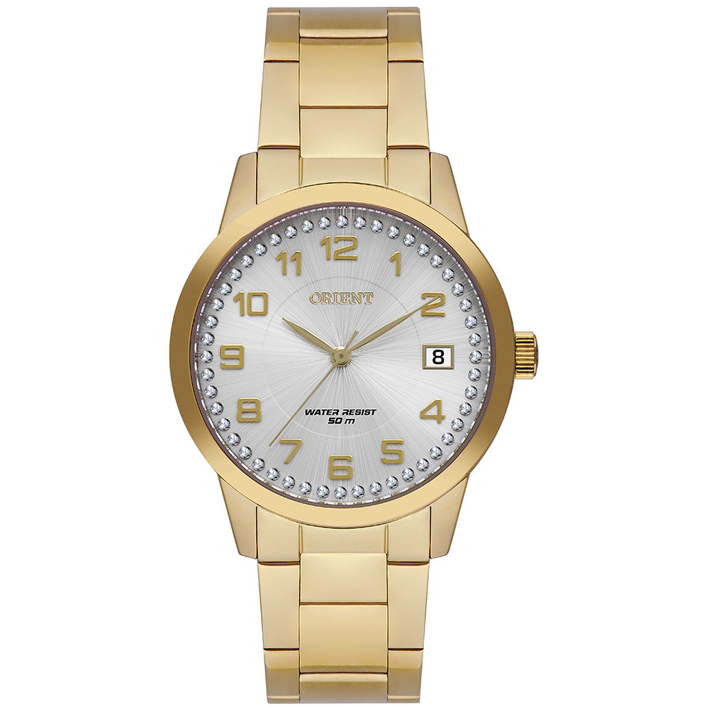 Relogio Orient feminino dourado banhado mostrador branco com numeros social moderno a prova de agua FGSS1237 S2KX