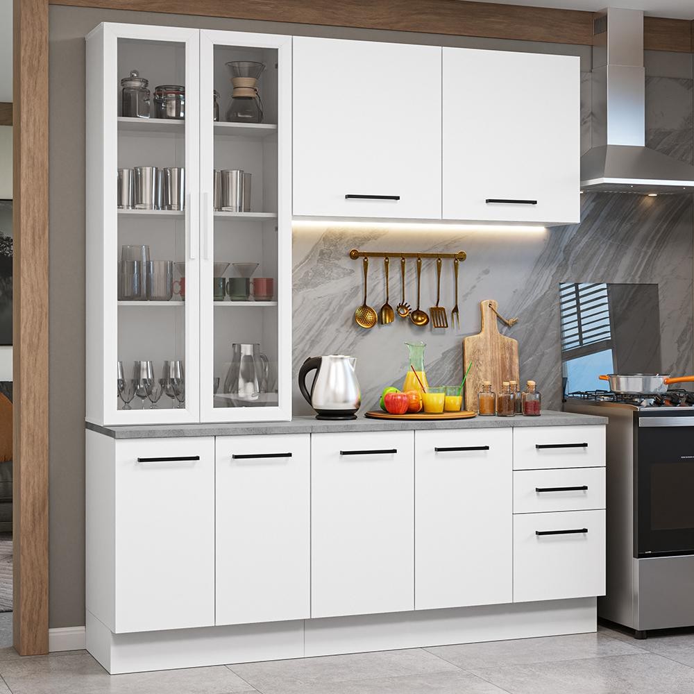 Armário de Cozinha Completa 190cm com Cristaleira Branco Agata Madesa 01