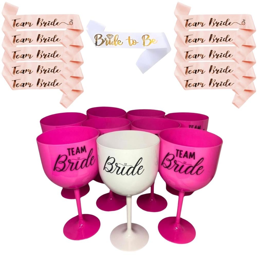 Kit 11 Taças Gin Faixa Bride To Be Faixa Team Bride Chá Lingerie Casamento Noivado Festa Noiva