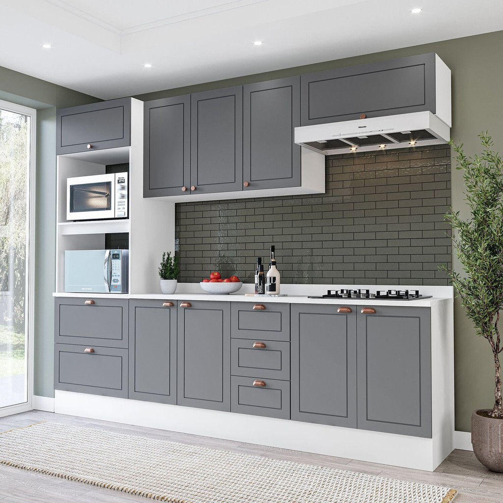 Cozinha Pérola com Tampo e Rodapé 5 Peças Torre Quente Aéreo 3 Portas Basculante Balcão 120 e de 80  Branco/Cinza em Oferta na Shopee