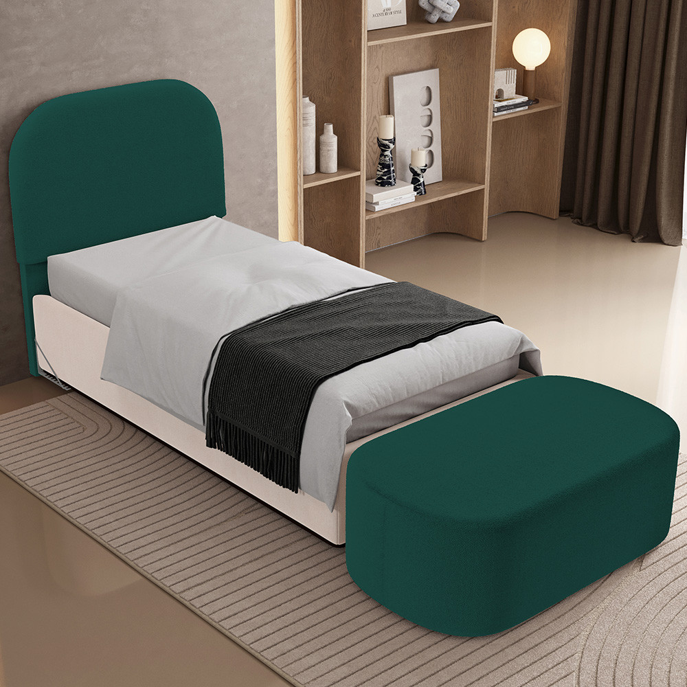 Cabeceira Cama Box Solteiro 100cm Lanna com Puff Recamier Doha W01 Bouclê Verde - Lyam Decor