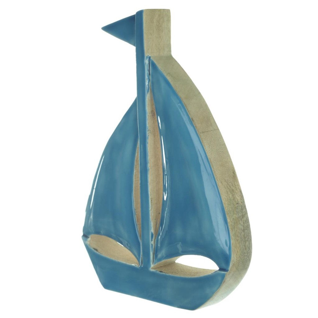 ESCULTURA BARCO DECORATIVA MADEIRA AZUL 29CM FLORARTE