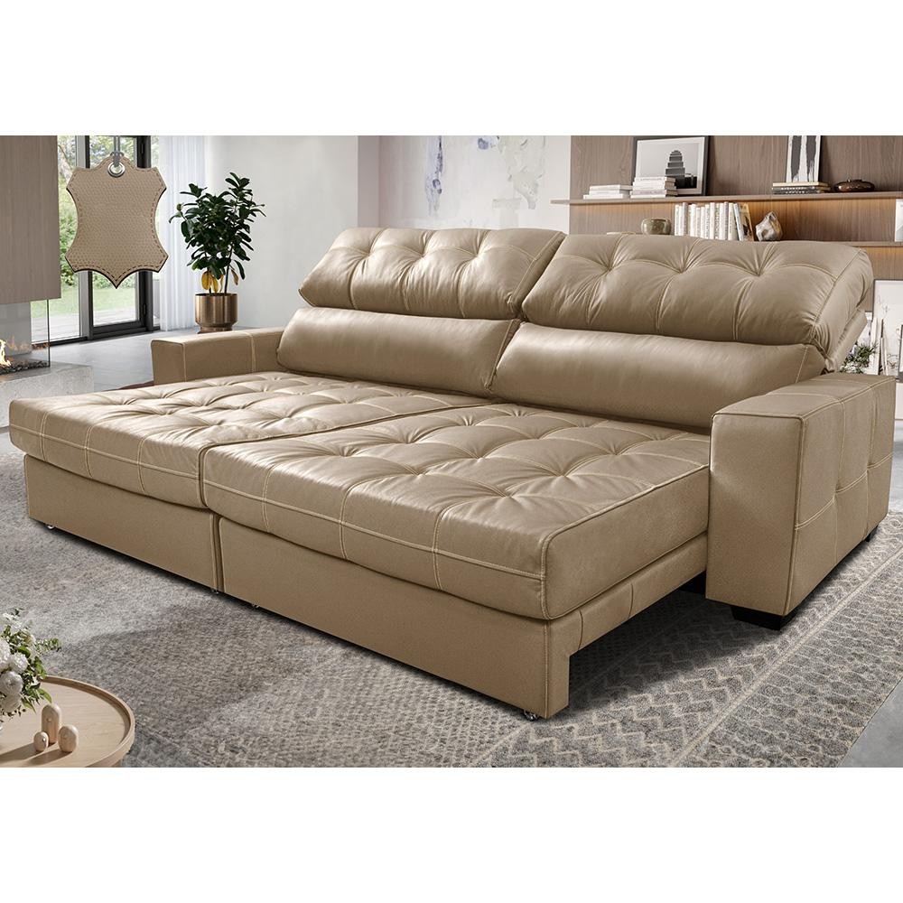 Sofá de Couro Legítimo Retrátil e Reclinável 2,15m Molas Ensacadas Cama inBox Majesty Bege - Home & Living