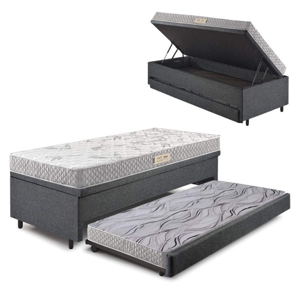 Bicama Box Baú Solteiro Com Colchão Ecoline D23 Ecoflex Linho Cinza 88x188