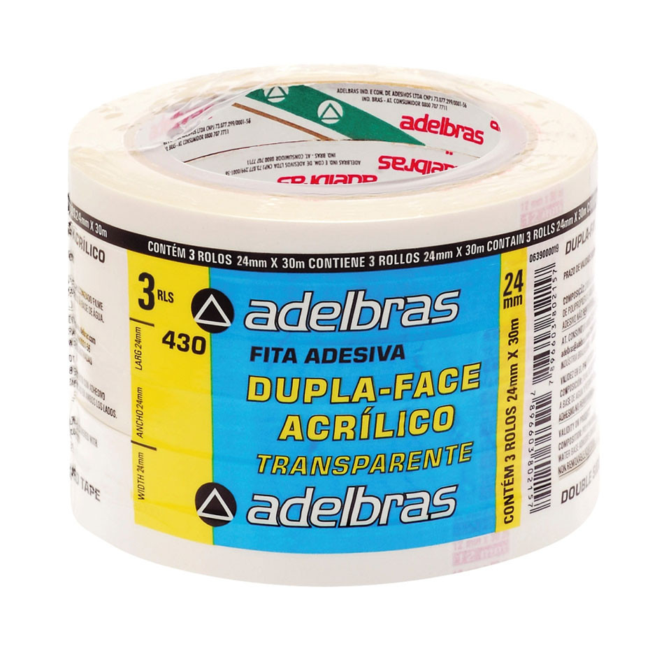 Fita dupla face PP 24mmx30m 430 adesivo acrílico com 3 rolos Adelbras