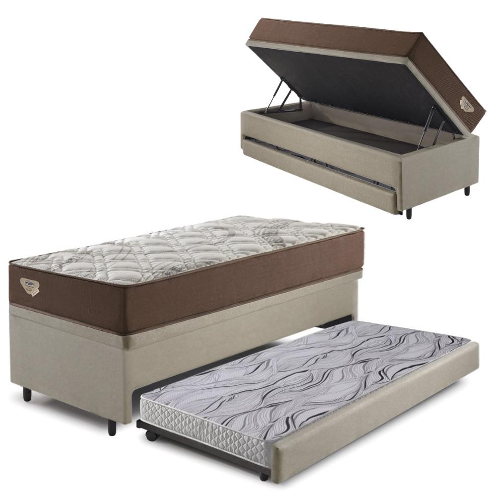 Bicama Box Baú com Linho Bege 88x188 com Colchão Relax Adorabile Molas Ensacadas Ecoflex