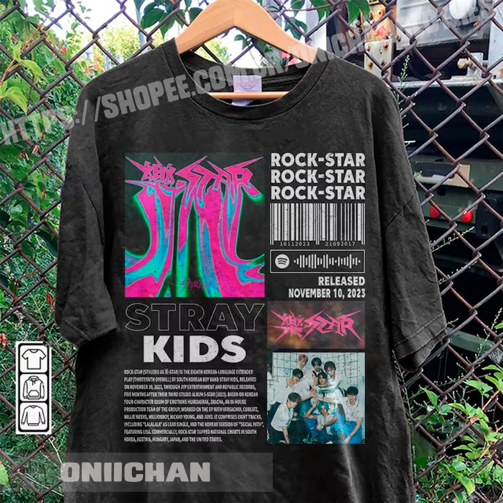 Camiseta Confortavel Tecido Algodão Para Show Banda Coreana Kids Stray Estampa Album ROCK-STAR