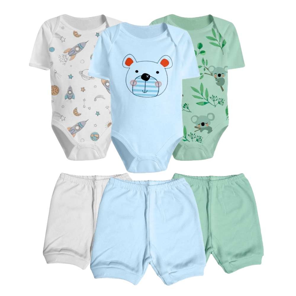 Kit Body Estampado E Short Liso 6 Pçs Algodão Roupa De Bebê