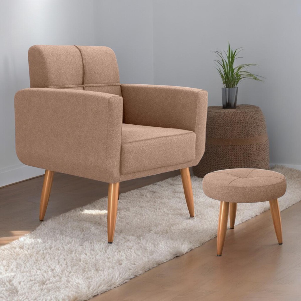 Jogo Poltrona e Puff para Sala Oliver Boucle Marrom