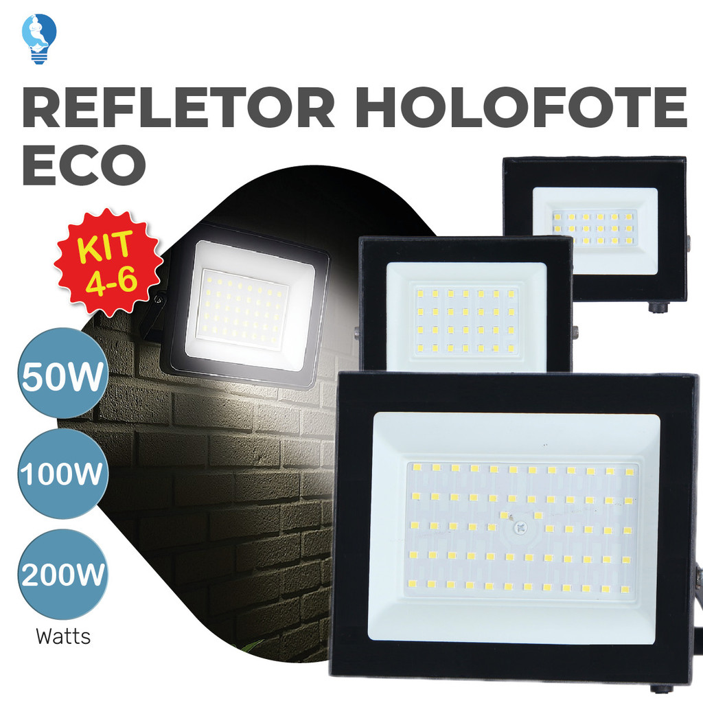 Kit 6 Holofote Refletor Led ECO Pro 200W 100W 50W Luz Fria 6500K IP65 Bivolt Iluminação Externa