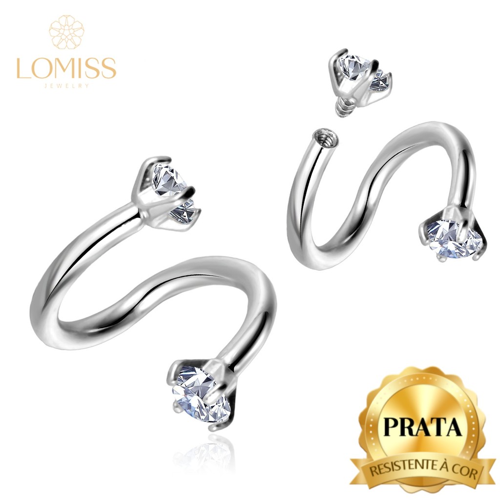 LOMISS Piercing Argola Twister Prata 925 Ponto De Luz Zircônia Cravejada Septril Rook Conch Nariz