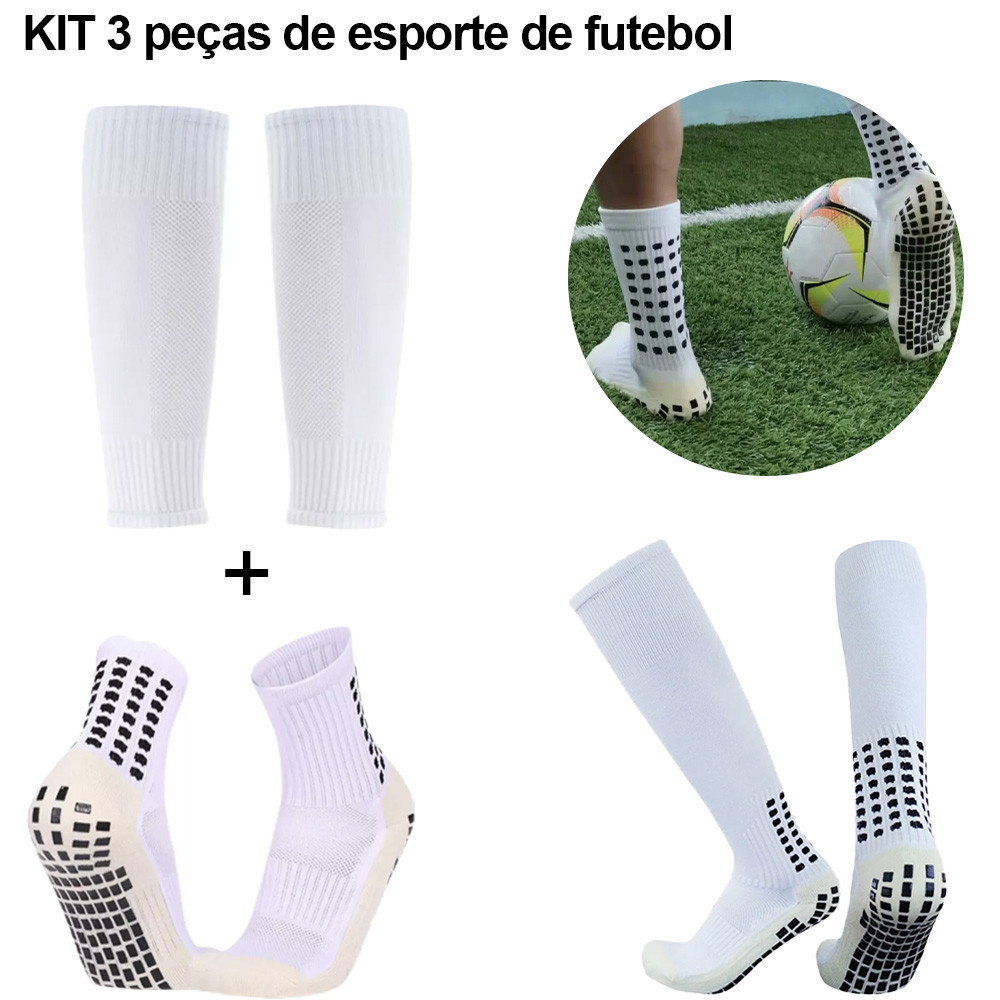 KIT 3/4 Meias elásticas de futebol para adultos + caneleiras com suporte para pernas e proteção esportiva em Oferta na Shopee