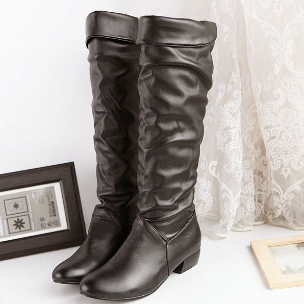 Botas de Cano Alto com Salto Baixo, Bico Redondo, Salto Grosso, Botas de Montaria Plus Size, Botas Femininas de Inverno 