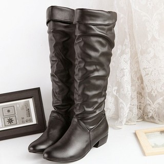 Botas de Cano Alto com Salto Baixo, Bico Redondo, Salto Grosso, Botas de Montaria Plus Size, Botas Femininas de Inverno 