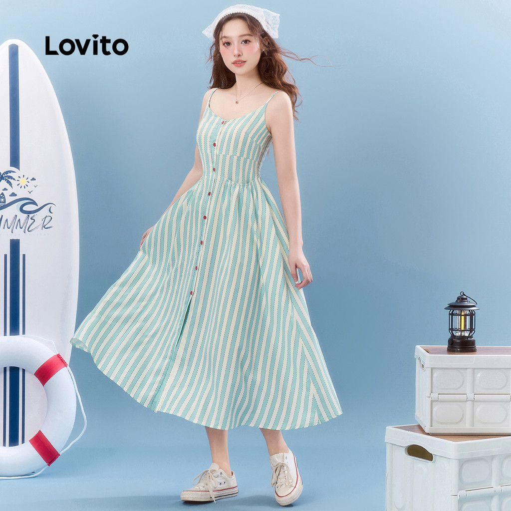 Detalhes do Lovito Vestido Casual Listrado Drapeado Com Bolso De Botão Vestido De Verão/Primavera Para Mulheres L130AD016