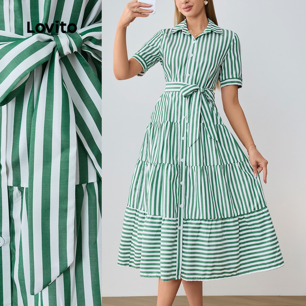 Lovito Vestido elegante listrado em camadas com cinto e botão frontal para mulheres LBL22547 - Women Clothes