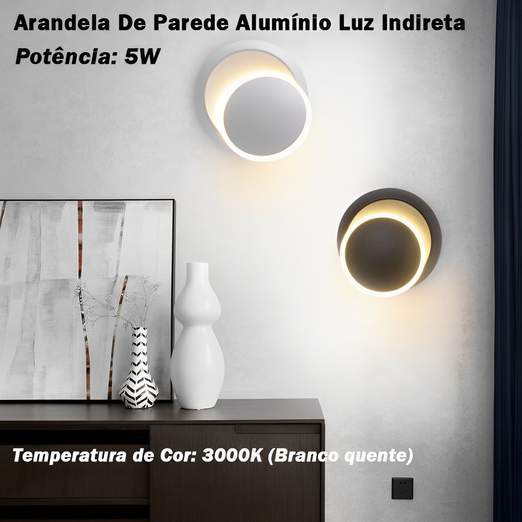 iluminação Arandela De Parede Alumínio Luz Indireta 5W 3000K Bivolt 360° Preta/Branca em Oferta na Shopee