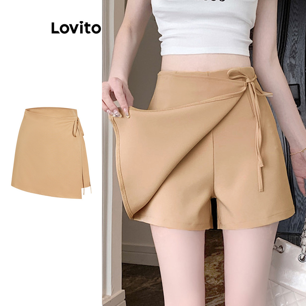 Lovito Shorts básicos elegantes com cadarço liso 2 em 1 com zíper para mulheres L105MD700 - Women Clothes