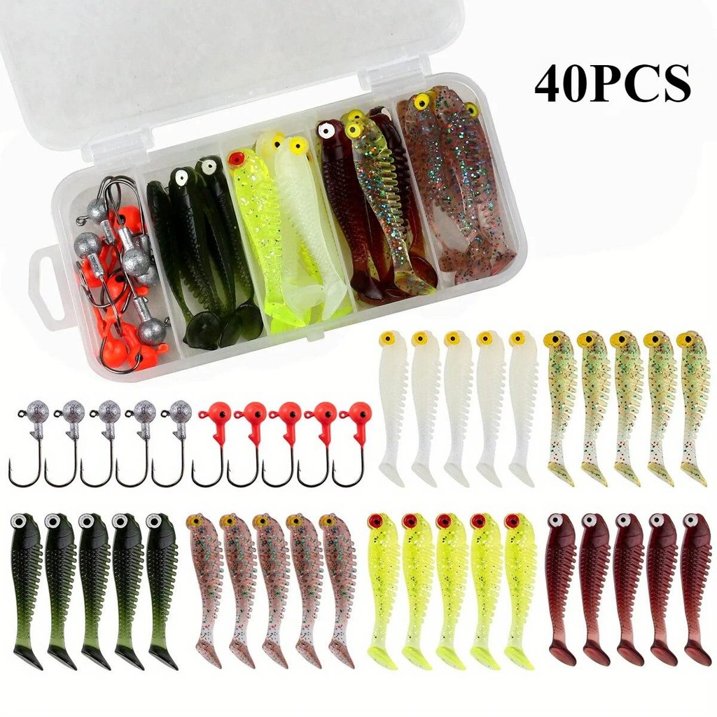 40 Pçs/Lote Kit Isca Macia De Pesca 5cm 3.5g Jig Head Gancho Com Caixa De Equipamento em Oferta na Shopee