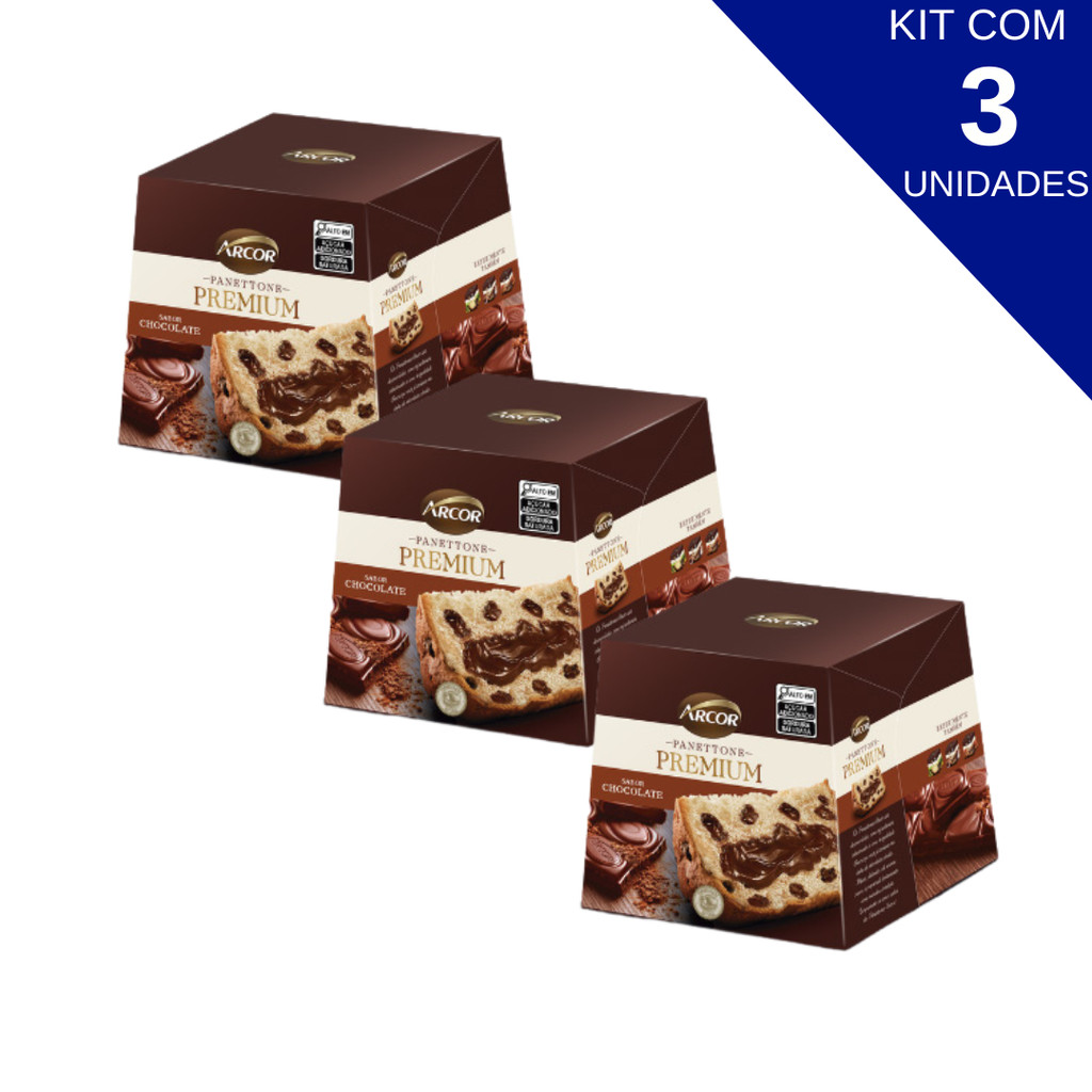 Detalhes do Kit Com 3 Unidades Panettone Premium Chocolate Arcor 430g