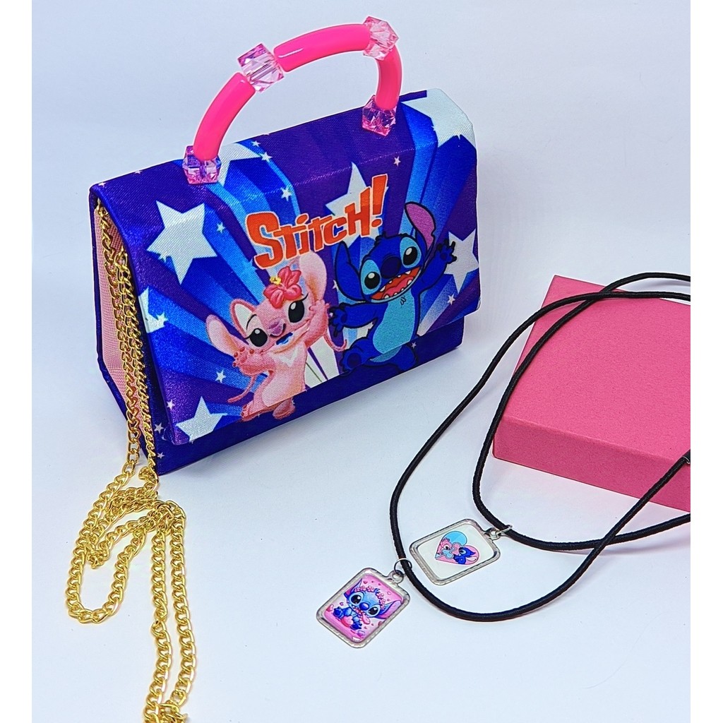 Kit Bolsa Infantil Menina Mini Bag Bolsinha Alça Mão Pérola Stitch e Lilo Angel + Colar Duplo Amizade Best Friends