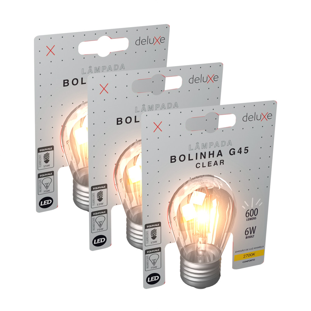 Kit 3 Lampada Led Bolinha G45 Clear 6w 2700K E27 Deluxe - Home & Living