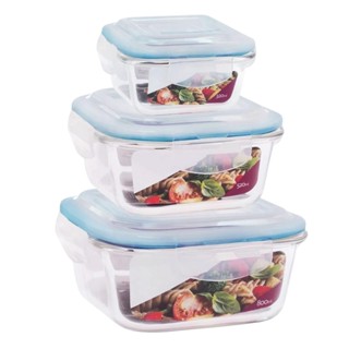 Kit 3 Potes de Vidro Quadrado 320ml / 520ml / 800ml Tampa Hermetica Marmita fitness