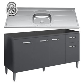 Balcão Gabinete Com Pia Inox 150cm 4 Portas e 1 Gaveta Gabriela Cinza - AJL Móveis em Oferta na Shopee