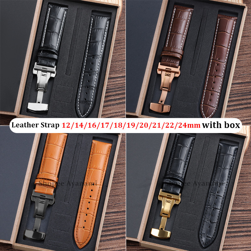 Pulseira De Relógio De Couro Genuíno Com Caixa 12/14/16/17/18/19/20/21/22/24mm Universal Borboleta Fivela