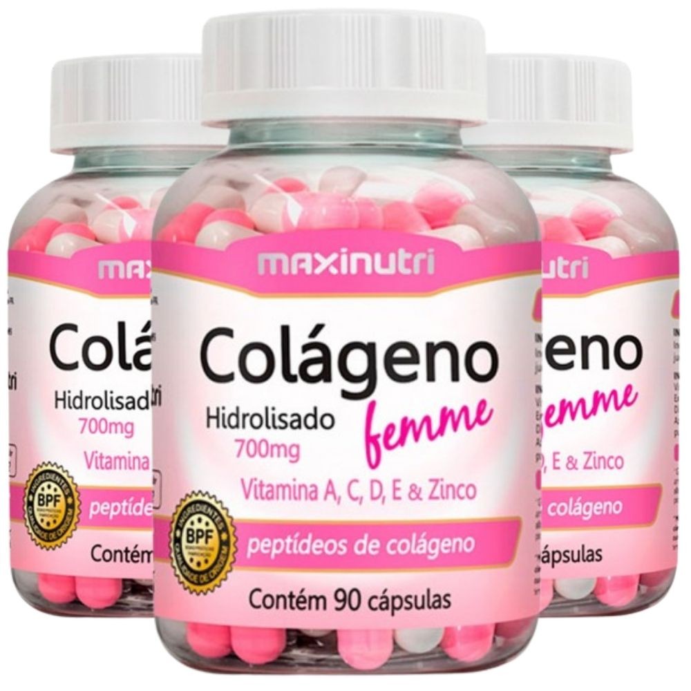 KIT 3X Colágeno Hidrolisado Femme + Vitaminas A, C, D, E e Zinco 90 cápsulas - Maxinutri