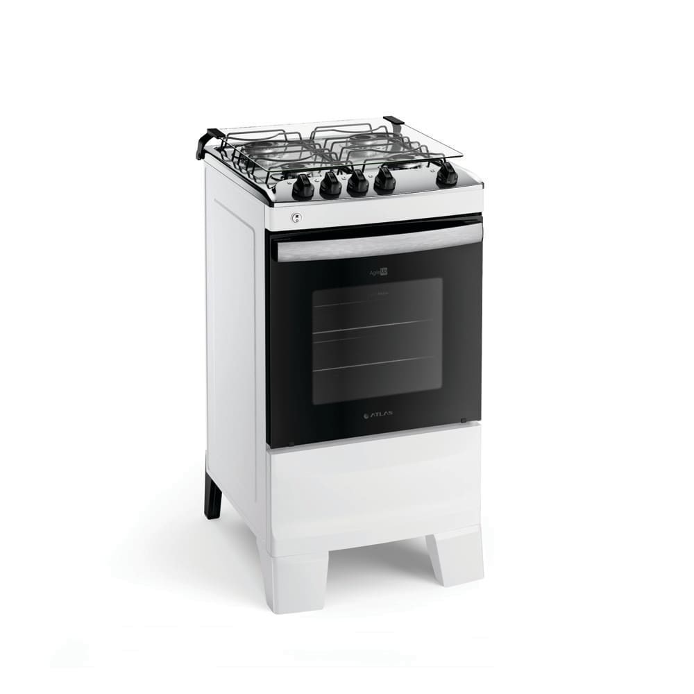 Fogão Atlas 4 Bocas Agile Up com Mesa de Inox, Grade Dupla no Forno Bivolt - Branco