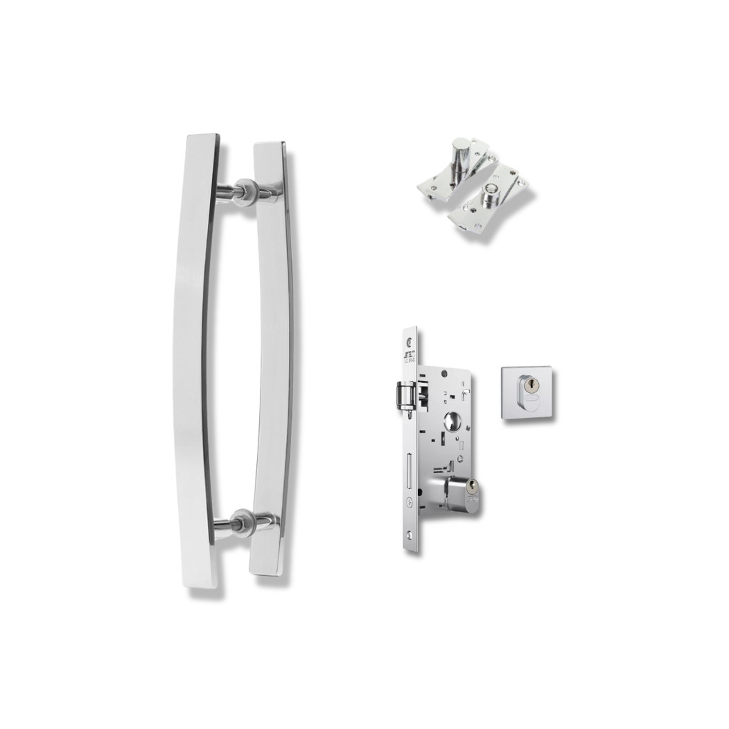 Kit Puxador Curvo 40 Cm + Fechadura + Dobradiça Pivotante