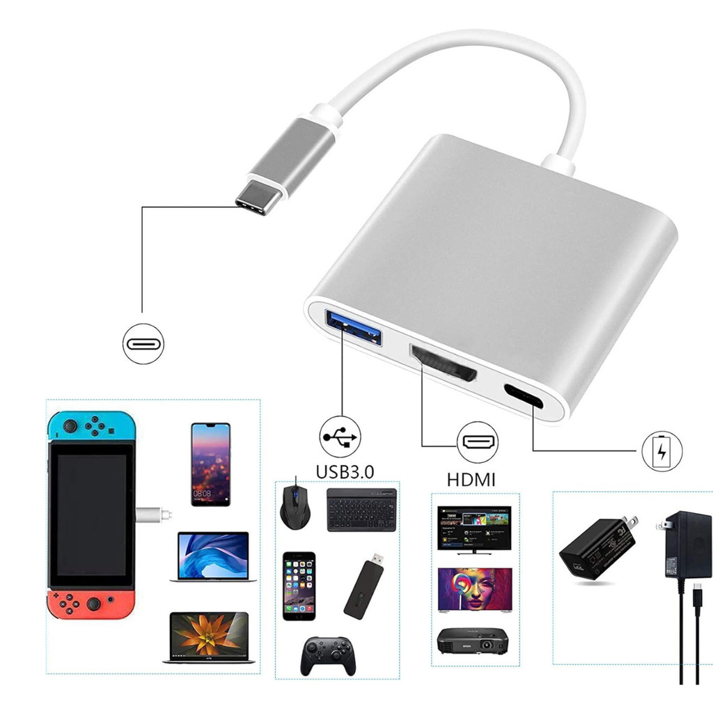 Adaptador HUB 3 em 1 Entrada Tipo C - Tipo C / HDMI / USB-A 3.0 - Type C - Verde em Oferta na Shopee