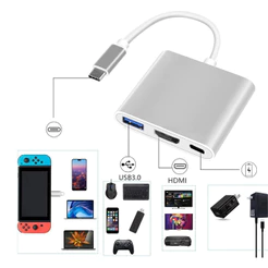 Adaptador HUB 3 em 1 Entrada Tipo C - Tipo C / HDMI / USB-A 3.0 - Type C - Verde
