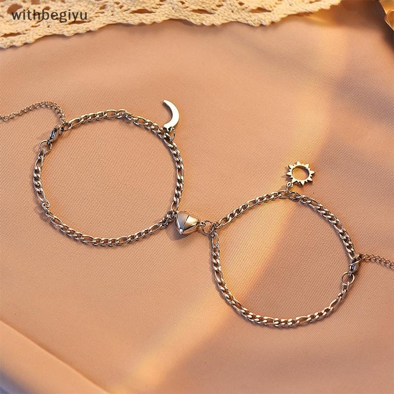 dfd 2 Pçs De Aço Inoxidável Não-Desbotamento Hip-hop Mão Corrente Amor Ímã Sol Lua Pulseira Para Casal Namorada Simples