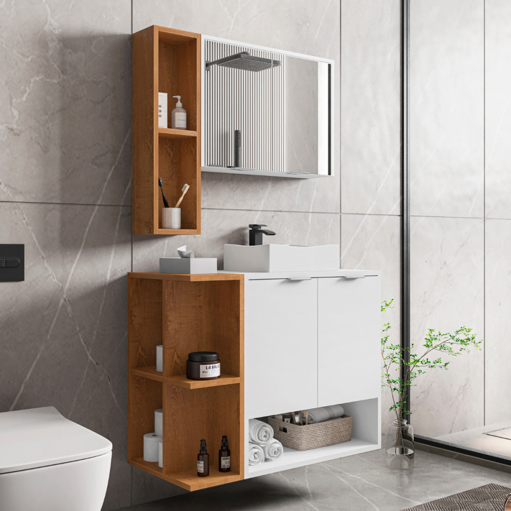 Gabinete com Cuba e Espelheira Ibiza Branco Naturale Bechara em Oferta na Shopee