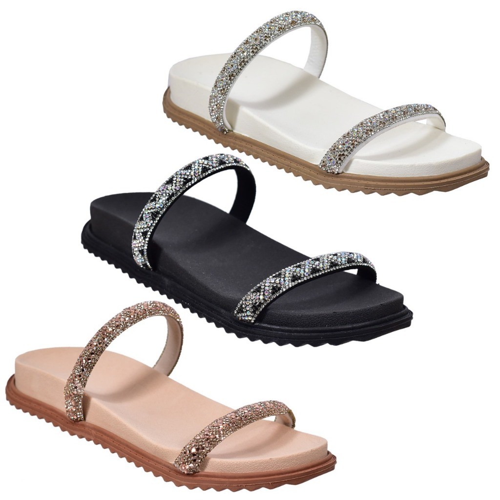 kit 3 pares Papete Birken Feminina de Manta Strass Sandalia Rasteirinha glitter