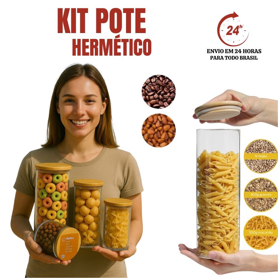 Kit Pote Hermético Vidro Tampa de Bambu Quadrado Porta Mantimentos 4 Peças Resistente