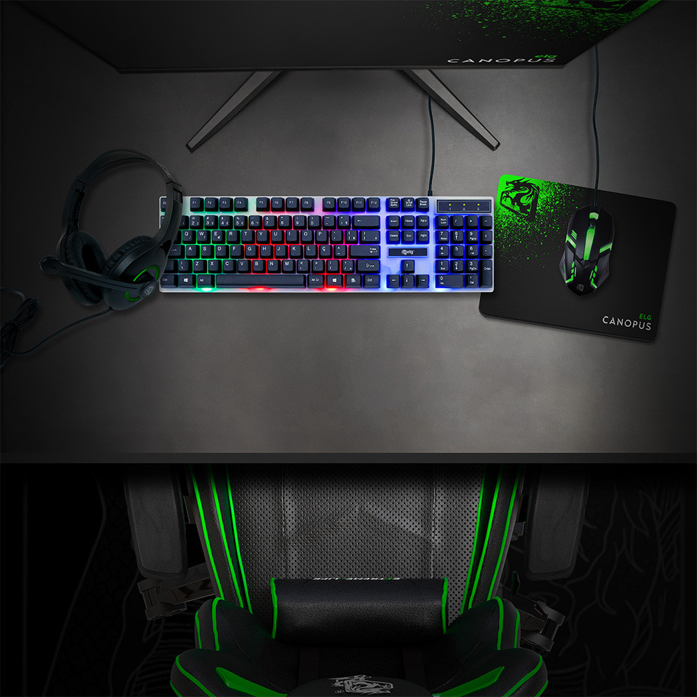Combo Gamer Canopus 4 em 1, Teclado Membrana ABNT2 com LED Mouse RGB Headset 40W Mousepad CGCS41 ELG