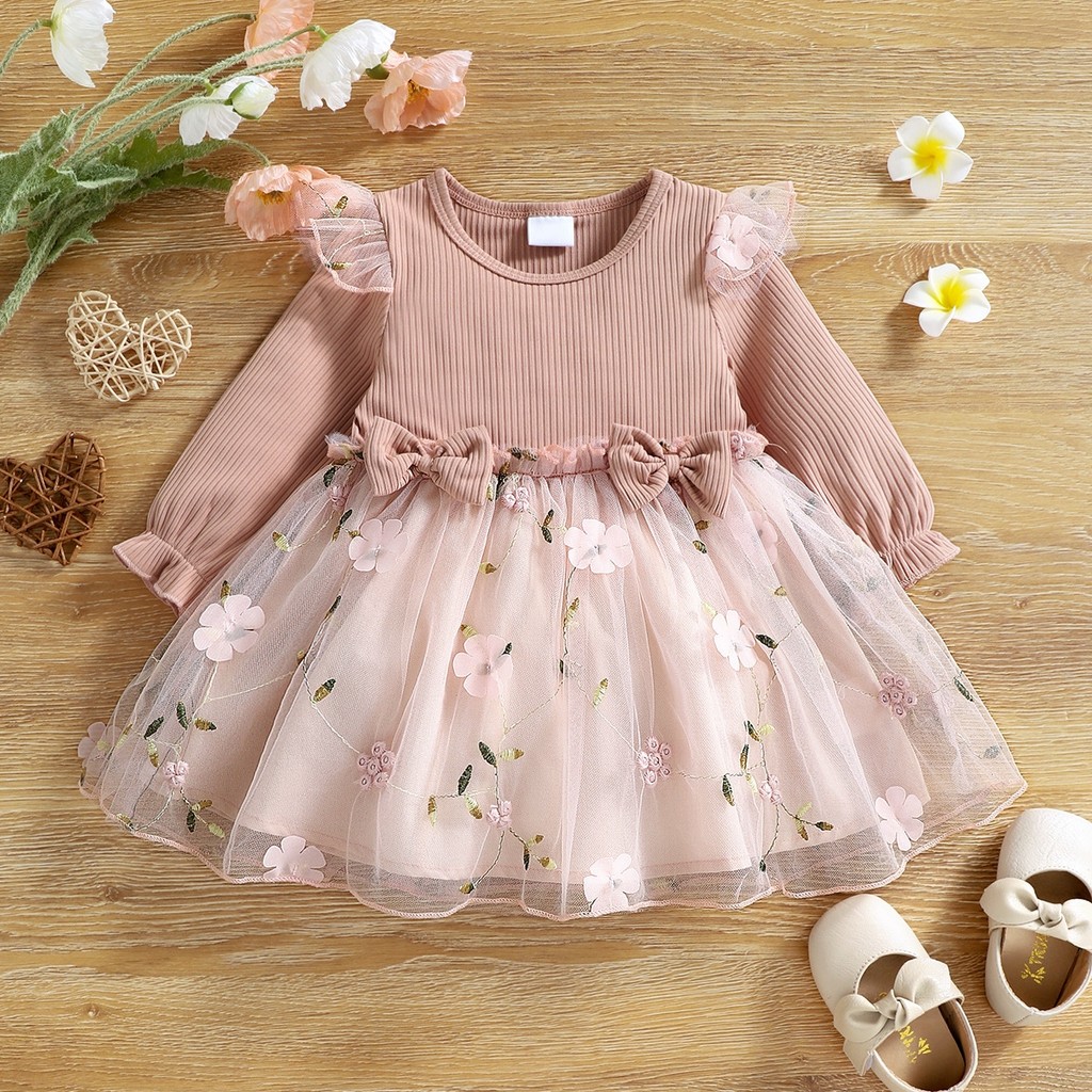 Vestido De Manga Comprida Para Bebês Meninas Gaze Bordado Com Flores Rosa De 0 A 3 Anos em Oferta na Shopee