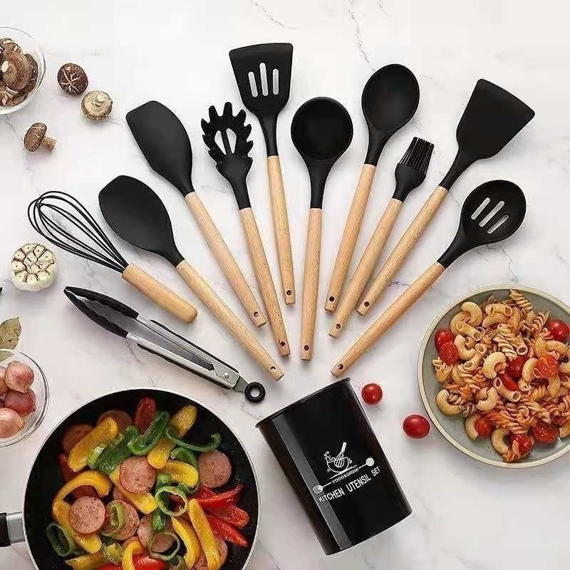 Imagem Jogo de Cozinha Kit C/12 Peças de Silicone, Utensílios e Copo Suporte para Cozinha Cabo de Madeira
