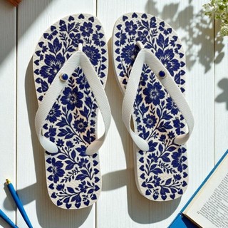 Chinelo Feminino de Dedo Azul e Branco Estilo Sofisticado Casual