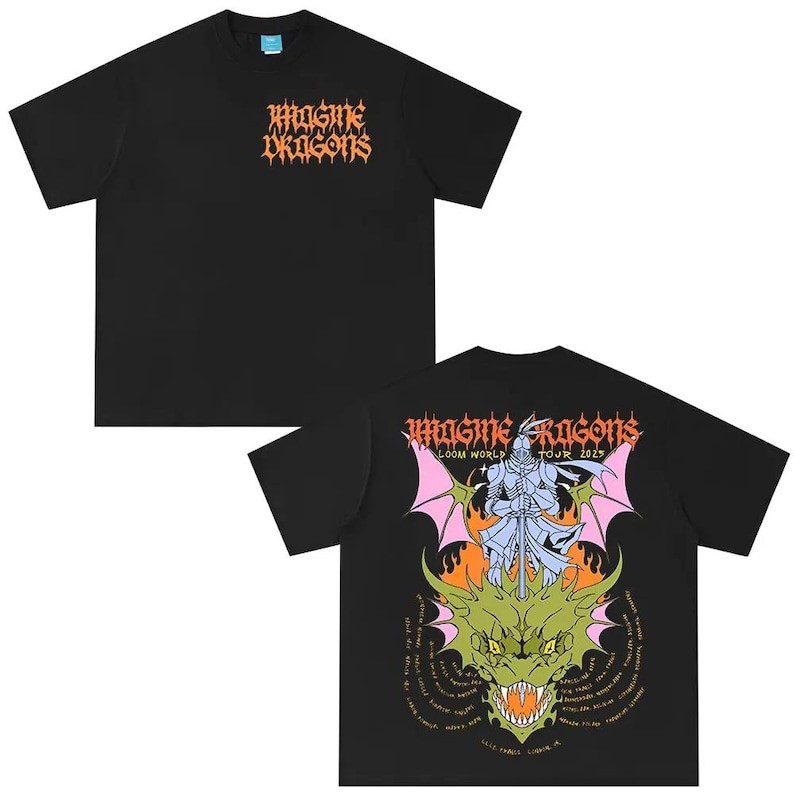 Camiseta T-shirt Oversized Camiseta Unissex Masculino Feminino Básica Imagine Dragons Band Loom World Tour 2025 T-Shirt