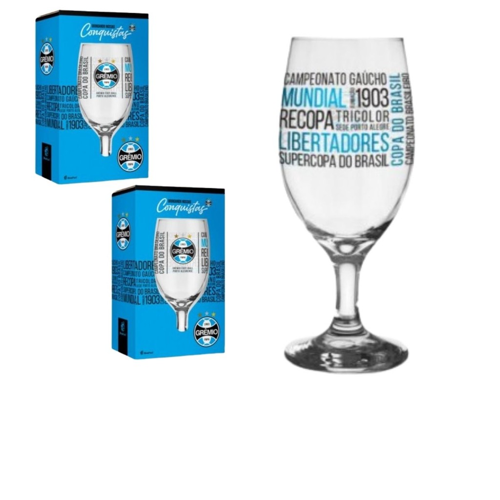 Kit 2 Taça Windsor Vidro 330ml Cerveja Vinho Coquetel Chopp Time Emblema Grêmio C/ Títulos Oficial