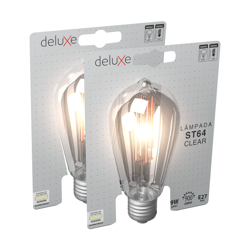 Kit 2 Lampadas de Led ST64 Clear Retro Vintage 9w 4000k Luz Branco Neutro Bivolt E27 Deluxe