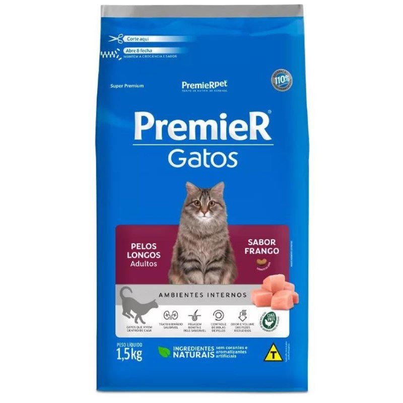 RAÇÃO PREMIER AMBIENTES INTERNOS GATOS PELOS LONGOS ADULTOS FRANGO 1.5KG