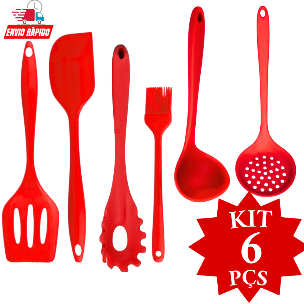 Kit 6 Peças Utensílios p Cozinha Silicone Pegador d Massas Espátula Vazada Espátula Lisa Concha Escumadeira e Pincel