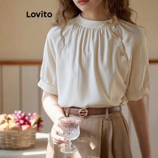 Lovito Blusa casual plissada com botão liso para mulheres LNE70848 em Oferta na Shopee