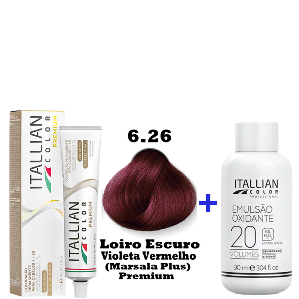 Kit Coloração Itallian Premium 60g Louro Escuro Violeta Vermelho 6.26 (Marsala Plus) + Emulsão Oxi 20vol.x 90ml.