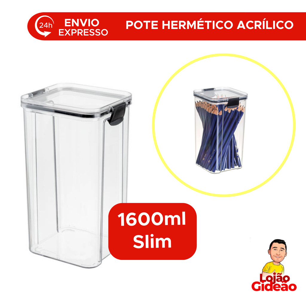 Pote Hermetico Organizador Slim Em Acrilico 1600ml Para Açucar Café Mantimentos Cozinha Transparente